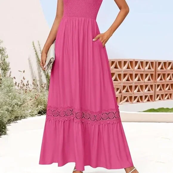 Pink Summer Lace Strap Sleeveless Smocked Maxi Dress | Medium - Picture 2 of 8